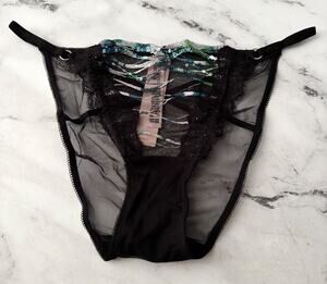 Victoria's Secret String Bikini Panty Black Sheer Mesh Sequins Shine